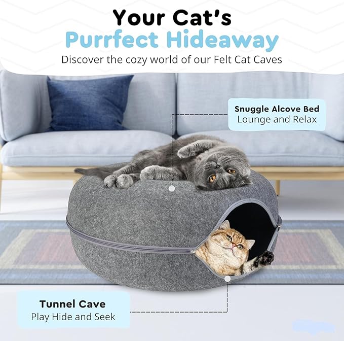 ESPIDO-Premium Cat Cave for Small Pets, Multifunctional Donut Tunnel Bed for Indoor Pets, Round Felt Pet Cave with Premium Zipper, for Pets up to 40 Lbs (24x24x11 Inch) (Light Gray)