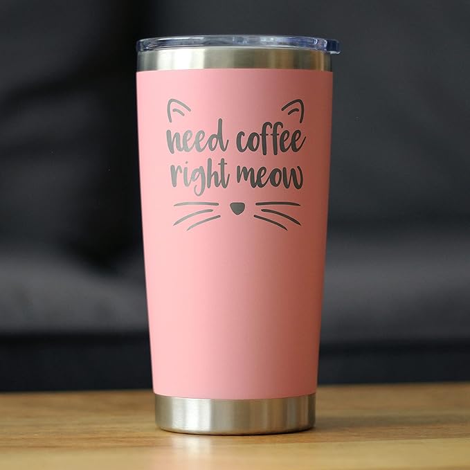 Bevvee Need Coffee Right Meow - Insulated Cat Themed Tumbler - Stainless Steel Mug - Pink