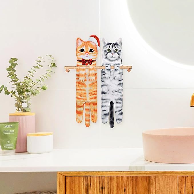 Cat Hand Towels for Kitchen Bathroom - Cute Cat Decor Gadgets - Hanging Soft Absorbent Hand Face Towel - Funny Unique Christmas Birthday for All Women Mom Cat Lovers - Orange