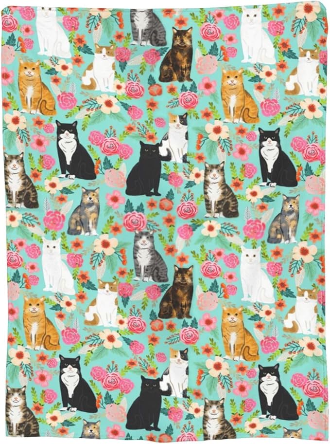 Cat Blanket Gifts for Girls Women Cute Cats Flowers Flannel Fleece Throw Blanket Soft Plush Lightweight Warm Fuzzy Teal Blanket for Cat Lovers Decor Bed Couch Living Room for Kids 50"X60"
