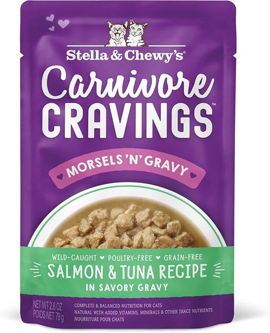 Stella & Chewy’s Carnivore Cravings Morsels & Gravy Salmon & Tuna Recipe Wet Cat Food Pouches – (2.8 Ounce Pouch, Case of 12)