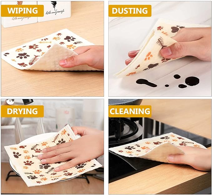 6 Pieces Cat Sweedish Dishcloth Dish Towels Durable Swedish Cleaning Cloths Absorbent and Fast Dry Kitchen Towels Cats Cleaning Cloths for Kitchen Bathroom Office Wedding Housewarming