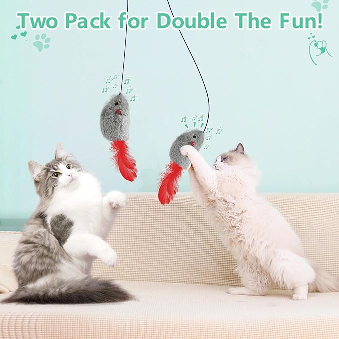 FYNIGO Self Play Cat Toys,2 Pack Door Hanging Cat Mouse Toy with Squeaky Sound,No Batteries Required,Interactive Cat Enrichment Toys for Bored Indoor Adult Cats,Cat Boredom Toys Mice with Feather Tail