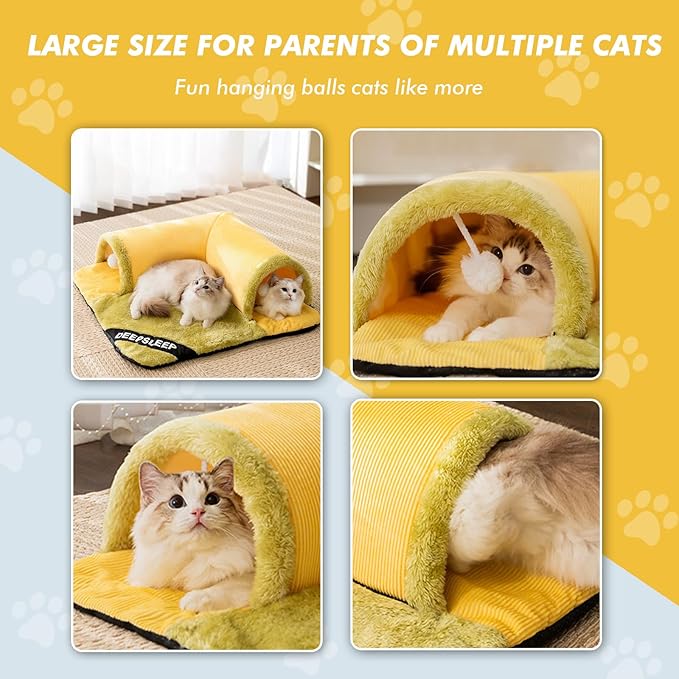 Cat Tunnel Bed for Indoor Cats, 2in1 Cat Bed and Tunnel Cat Toys,27.55IN Large Size Cat Carpet Tunnel Suitable for All Seasons, Detachable, Washable for Cats and Small Pets&Yellow