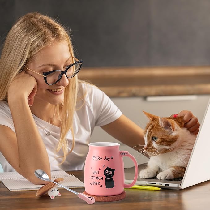 Best Mom Ever Coffee Mug Mothers Day Gift for Mom from Daughter Son, Novelty Coffee Mug for Mama Birthday Gifts for Women, Her, Wife, Sister, Grandma, Cute Cat Ceramic Coffee Mug with Spoon, Pink