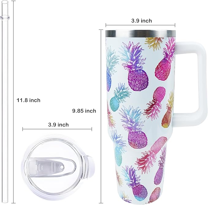 40 oz Tumbler with Handle and Straw, Stainless Steel Insulated Cup with Leak Proof Lid and Straw Lid, Keep Drinks Cold and Hot for Hours(Pineapple)