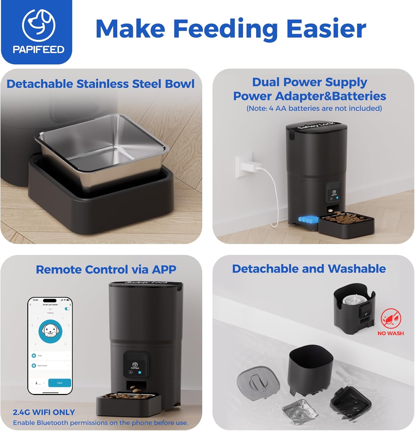 PAPIFEED 2.4G WiFi Automatic Cat Feeder, 6L/25Cup Automatic Pet Feeder with APP Control for Remote Feeding, Detachable for Easy Clean, Cat Food Dispenser with Alexa,1-10 Meals Per Day for Dog, Black