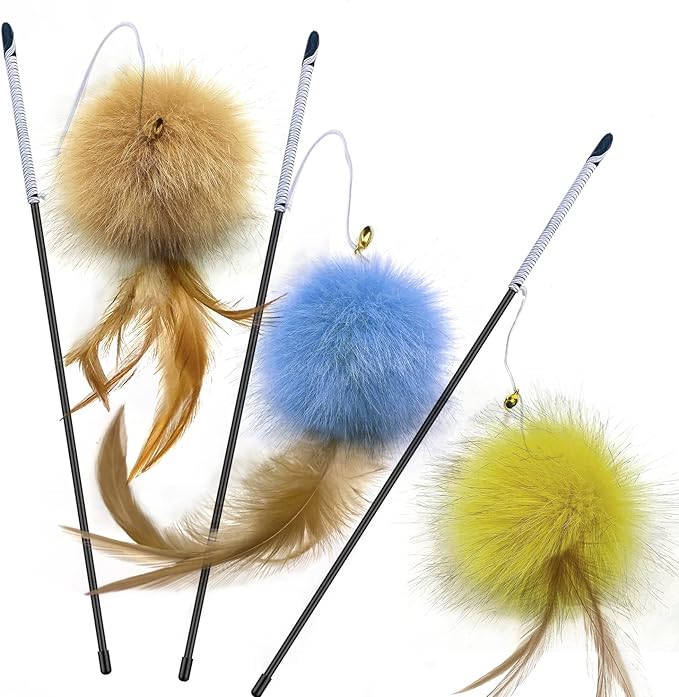 Cat Toys for Indoor Toys,Rainbow Cat Wand Toys,Feather Flips Plush Ball Cat Toys,Interactive Feather Toy for Teaser Play and Chase Exercise with Kitten 3 Pack (pack3)