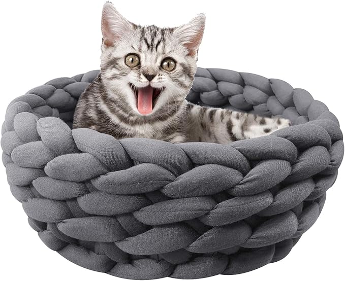 Lucky Monet Cat Basket Bed Cotton Knitted Round Pet Beds for Cats Cute Boho Cat Pet Bed Warm Woven Cat Nest for Puppy Kitten Cats Dogs (19.7", Dark Gray)