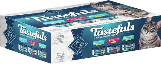 Blue Buffalo Tastefuls Natural Flaked Wet Cat Food Variety Pack, Tuna, Chicken and Fish & Shrimp Entrées in Gravy 5.5-oz Cans (12 Count - 4 of Each)