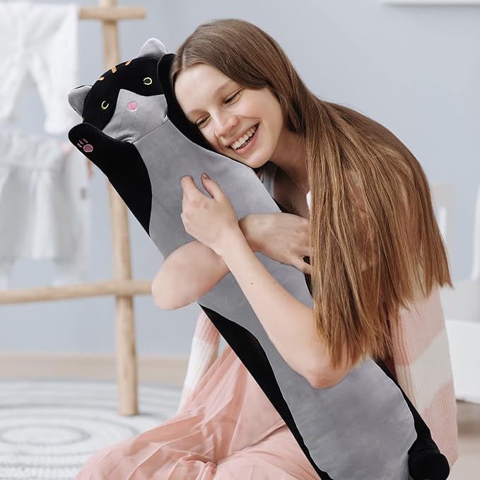 shangman Lovely Plush Cat Doll Cute Cartoon Soft Stuffed Kitten Pillow Long Throw Sleeping Pillow Doll Toy Valentines Day Gift for Kids Girlfriend (Black, 90cm/35.4in)