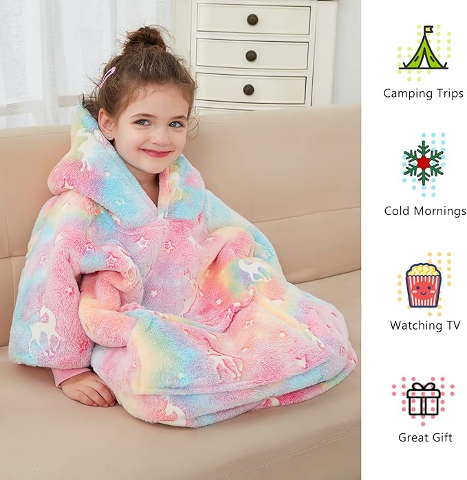 Glow in The Dark Wearable Blanket Hoodie for Kids Toddlers Sherpa Blanket Sweatshirt with Pocket 2-6 Year Old Girl Birthday Gifts