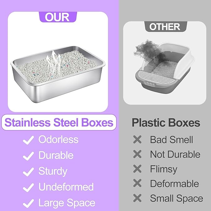 3 Pack Stainless Steel Cat Litter Boxes 17.7"L x 13.8"W x 5.9"H Large Metal Litter Boxes with High Sides Sturdy Kitty Litter Aluminum Pans for Pets No Smell, Non Stick, Easy to Clean (M)