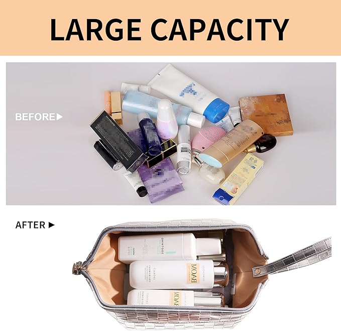 Abiudeng Large Capacity Makeup Bag Ladies Cosmetic Bag Travel Bag with Compartments Portable PU Leather Travel Makeup Bag with Handle