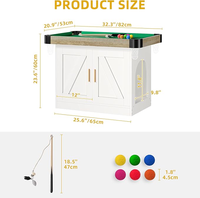 DWVO 4 in 1 Cat Toys Mini Pool Table for Cats, Litter Box Enclosure for Cat Pool Table Tower with Feather Wand Interactive Exercise Play Rest Beds & Litter Box Furniture, White, Medium