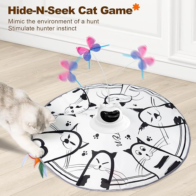 Cat Toys Interactive Rechargeable 2in1 Hide and Seek, Spinning Butterfly, Moving Feather Automatic Kitten Toys for Indoor Cat Exercise Chasing for All Ages Cats