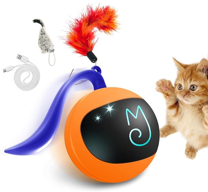 Migipaws Interactive Cat Ball Toy Set, Fun Tracker, Automatic Rolling Chase Ball with Fluffy Tail, A Small Mice, Rechargeable（Orange）