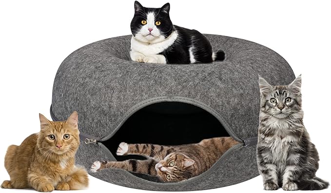 Cat Tunnel Bed, Cat Tunnels for Indoor Cats Large, Peekaboo Cat Cave, Cat Hideaway Folded Cat Donut Tunnel, Detachable Round Felt & Washable Interior Cat House (24 in * 24 in* 11 in Large) Dark Gray