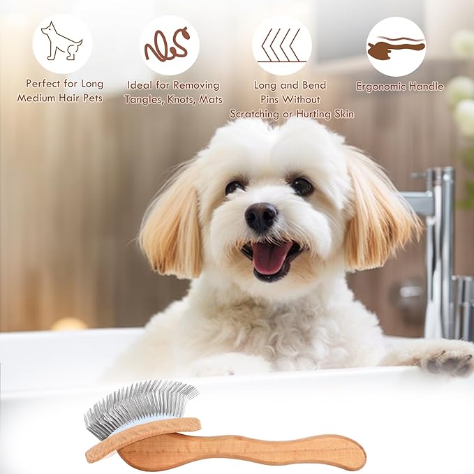 Large Dog Brush for Medium or Long Haired Dogs, Long Pin Slicker Brush for Removes Loose Hair, Tangles and Knots, Best Grooming Brush for Small Animals, Free Pet Comb, Wood