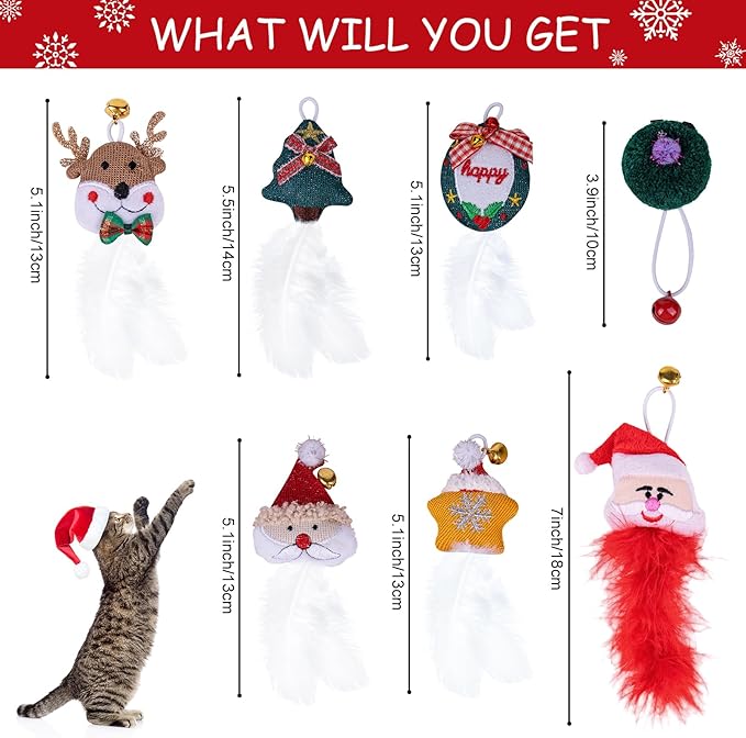 Pet Soft Cat Toys Feathers Wand Christmas Interactive Cat Toy Kitten Toys Retractable Cat Wand Toy and 7 Feather Teaser Refills with Bells Cat Toys