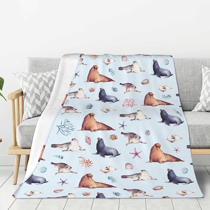 Sea Lion Blanket Throw 60"x50", Plush Flannel Sea Animals Blanket, Soft Warm Decorative for Kids Women