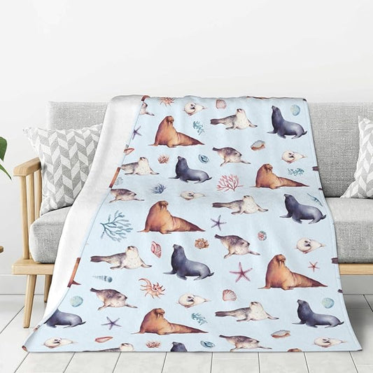 Sea Lion Blanket Throw 50"x40", Plush Flannel Sea Animals Blanket, Soft Warm Decorative for Kids Women