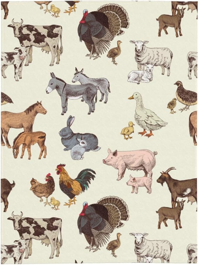 Farm Animal Blanket Throw 80"x60", Cozy Lightweight Plush Cow Chicken Pig Sheep Horse Rabbit Farm Animals Blanket, Gifts for Kids Adults