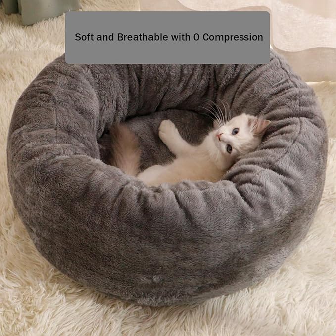 Cat Beds for Indoor Cats,Fluffy Donut Cat Bed Non -Slip Cat Bed Small Dog Bed Self Warming Pet Bed Cat Beds & Furniture Round Anti Anxiety Kitty Bed (Grey L)
