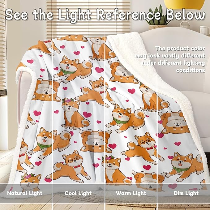 BlessLiving Shiba Blanket Cute Dog Heart Print Fleece Blanket Watercolor Pet Sherpa Blanket Throw Kids Girls Shiba Inu Throw Blanket Dog Lover Gift (50 x 60 Inches)