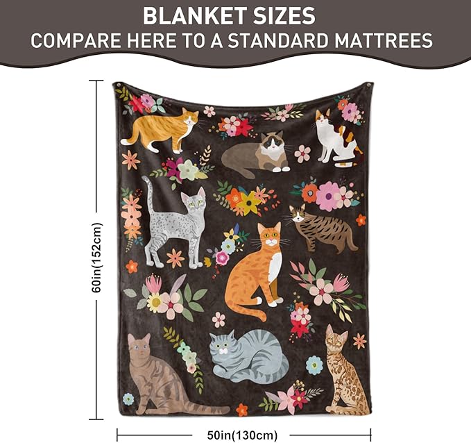 Cats Blanket Cat Present Soft Flannel Lightweight Cats and Flowers Throw Blanket for Kids Girls Boys All Season Cartoon Animals Blankets for Sofa Couch Bed Decorative Cat Blue Blanket 50x60inch