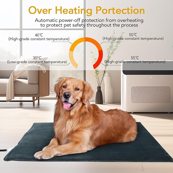 CAROMIO Pet Heating Pad, 6 Adjustable Temperature Dog Cat Heated Bed Pad with Timer, Auto Power Off Indoor Warming Electric Pet Pads with Chew Resistant Cord, Large Size 35 X 24 INCH