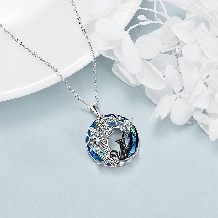 925Sterling Silver Moon Black Cat Necklace for Women Tree of Life Cat Jewelry for Women Abalone Necklace for Cat Lover Birthday