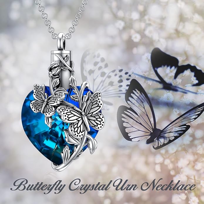 Animal Crystal Urn Necklace For Ashes Sterling Silver Butterfly Dragonfly Bee Phoenix Peacock Hummingbird Fox Angel Wing Pentagram Pentacle Cremation Necklace Heart Teardrop Urn Holder Necklaces For Women Memorial Jewelry