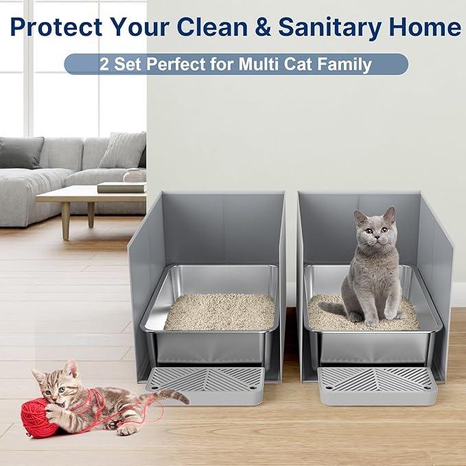 2 Set 23.6" x 15.7" x 6" Stainless Steel Litter Box with Cat Litter Box Enclosure Splash Guard, Metal Litter Box with All-in One High Sided Cat Litter Box Pee Shields, Removable Liiter Mat & Scoop
