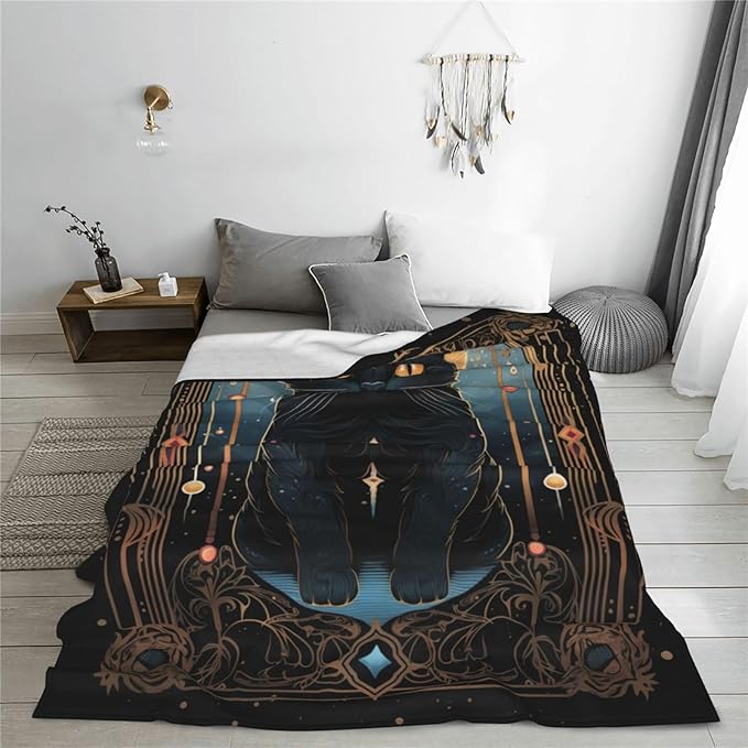 Tarot Card Moon Black Cat Blanket Pagan Witchcraft Theme Cat Print Blanket for Mom Girls Women Flannel Soft Warm Cozy Fuzzy Throw Blankets for Bed Sofa Decor Valentine Day Gifts 50"x60"