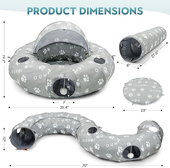 Cat Tunnel Bed, Cat Tunnels for Indoor Cats, Peekaboo Cat Cave, Cat Donut Tunnel with Awning, Mat, 4 Balls and 6 Peek Holes, Cat Tubes for Kitten，Bunny, Puppy or Small Animals