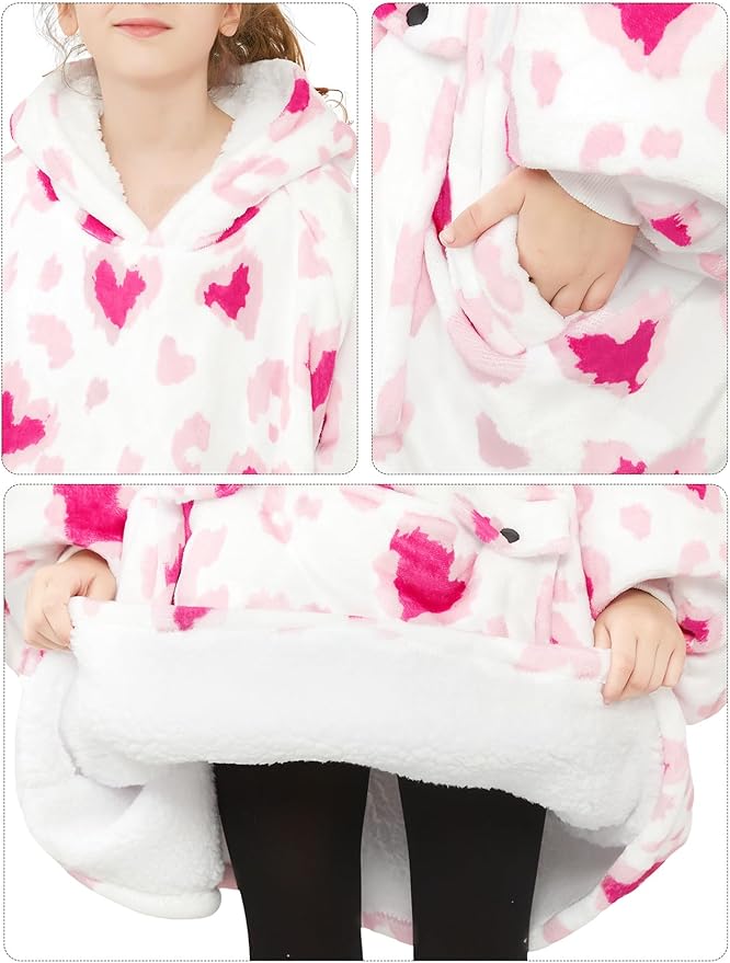 KFUBUO Wearable Blanket Hoodie for Kids Sherpa Patterns Oversized Sweatshirt Blanket With Pocket 6-10 Year Old Girl Boy Gifts for Kids