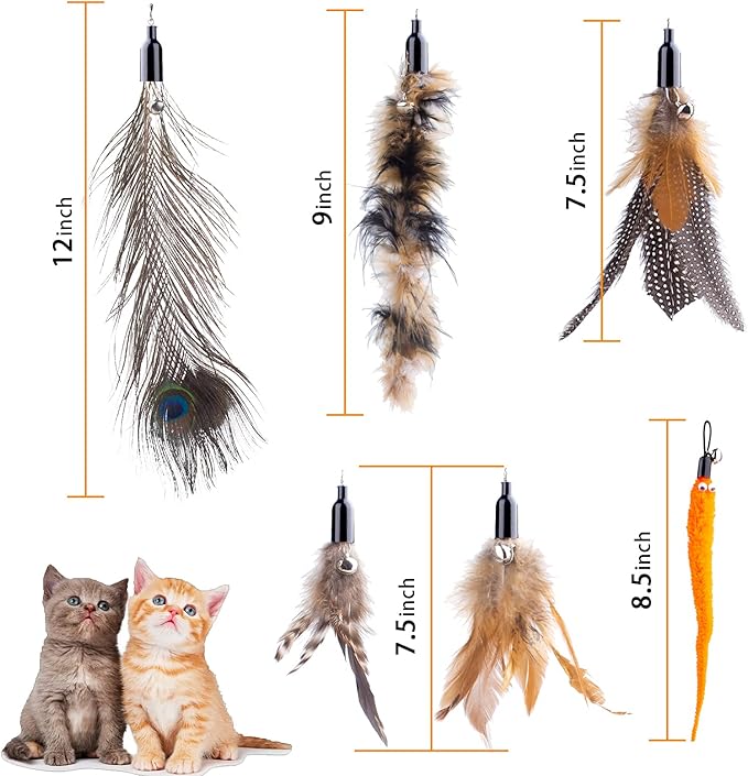 Retractable Cat Wand Toy for Indoor Cats Interactive Cat Feather Toys with Bell 8 Packs Kitten Toys with Fishing Pole Replaceable Worm Feather Tail Cat String Toy Gift for Indoor Outdoor