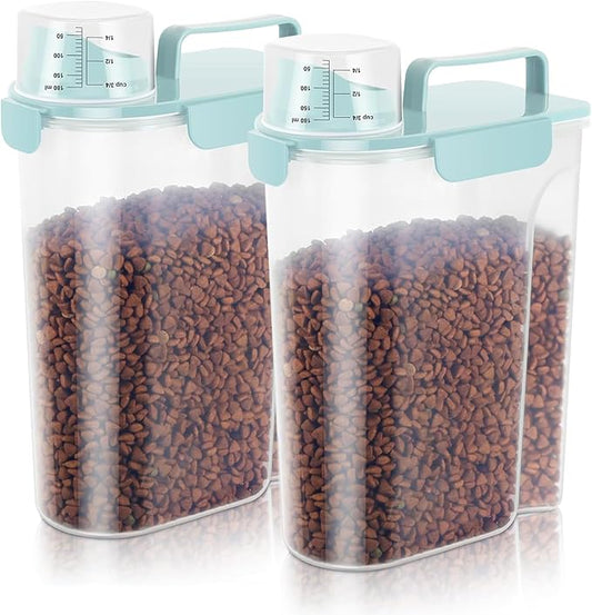 10LBS Dog Cat Storage Container Portable with Upgraded Large Spout and Cup,Plastic Pet Food Dispenser for Small Animal Kibble, Bird Seed,Oatmeal,Rice,flour,brown sugart-2 pack Light Blue