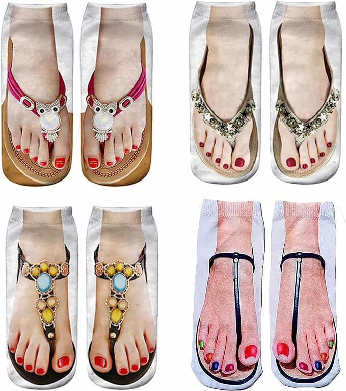 3D Manicure Print Socks Funny Flip Flop Socks 3D Pattern Socks Sandal Socks Low Cut Ankle Silly Socks- A Gag Gift