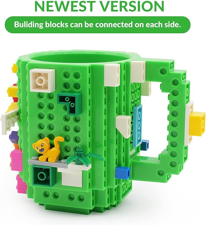 Build-on Brick Coffee Mug, Funny DIY Novelty Cup with Building Blocks Creative for Kids Men Women Xmas Birthday (Green)