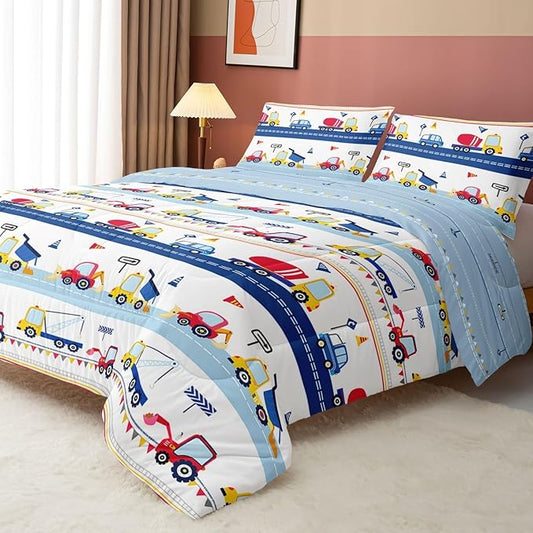Cartoon Car Kids Comforter Set Twin,Construction Bedding Set Equipment Trucks Comforter Excavator Tractor Quilt Set with 1 Comforter 2 Pillowcases for Boys Girls Teens Adults Bedroom Decor(Blue Red)