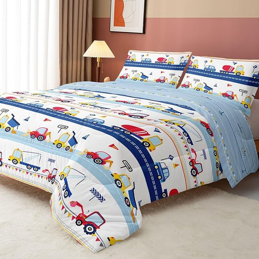 Axolotl Cartoon Car Kids Comforter Set Full,Construction Bedding Set Trucks Excavator Tractor Bed Set with 1 Quilt 2 Pillowcases for Boys Girls Teens Adults Bedroom Decor(Blue Red)