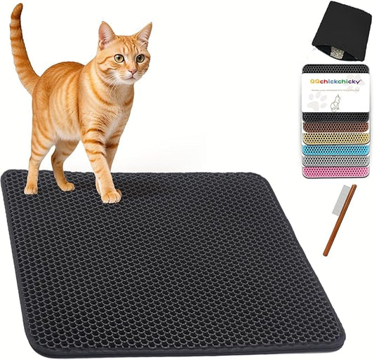 2025 𝗡𝗘𝗪 Waterproof Cat Litter Mat | Double Layer EVA, Odor-Free Large Grid | Urine Proof & Easy Cleanup | Soft on Paws | Versatile Design for Litter and Feeding (Black, 18×25)