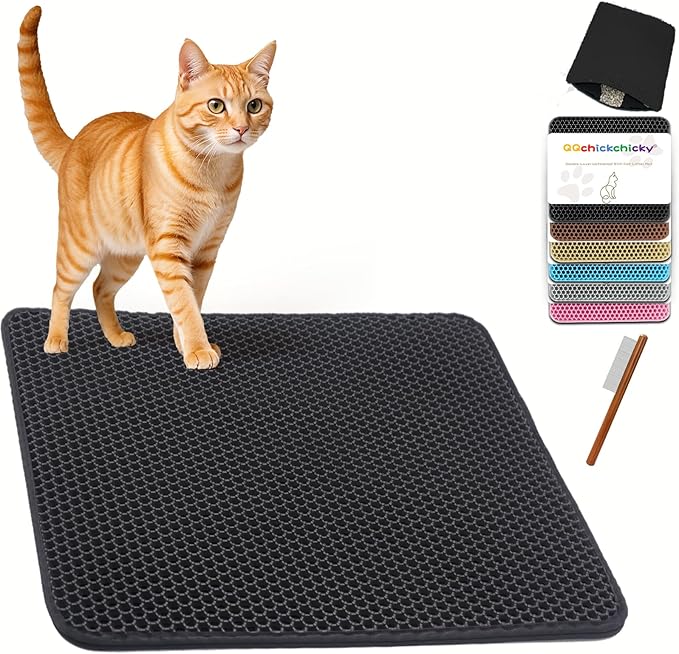 2025 𝗡𝗘𝗪 Waterproof Cat Litter Mat | Double Layer EVA, Odor-Free Large Grid | Urine Proof & Easy Cleanup | Soft on Paws | Versatile Design for Litter and Feeding (Black, 27×47)