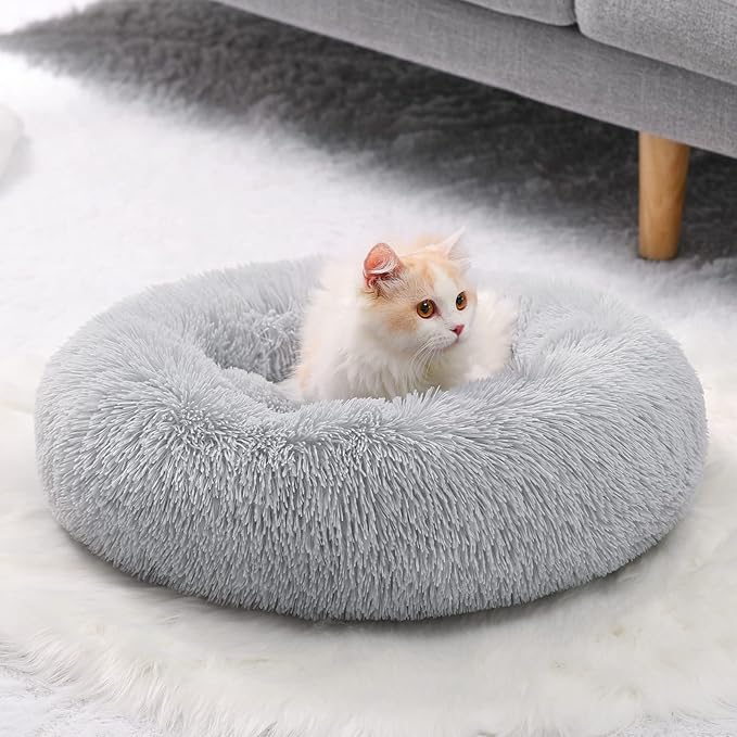 Small Cat Bed for Indoor Cats, Self-Warming Donut Kitty Bed for Small Cats Keeping Warm, Washable Pet Bed with Anti Slip Base, 20‘’ LightGrey