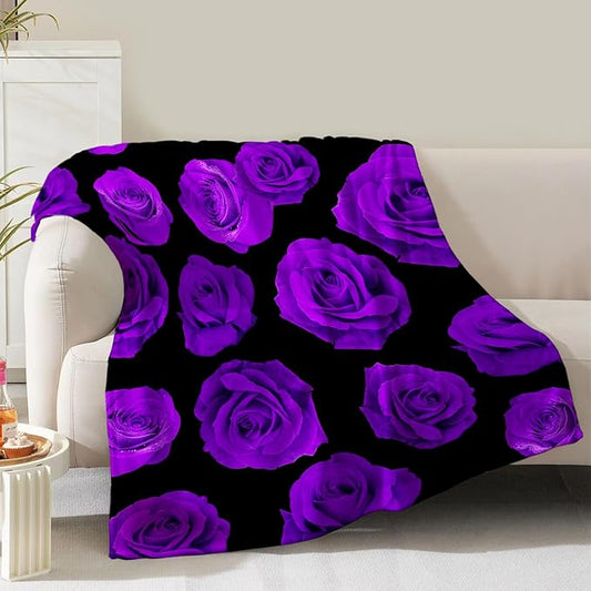 Rose Floral Blanket Gifts for Women Girls Mom Wife Birthday Christmas Valentine Present Romantic Purple Roses Theme Decor Bedroom Living Room Couch Sofa Kid Adult Soft Cozy Plush Flannel Throw 60"x50"