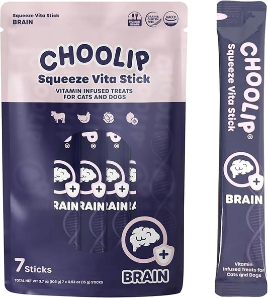 Squeeze Vita Stick Lickable Treats for Dogs & Cats. 7 Brain Support Sticks with Essential multivitamins. Soft and Tasty Paste for All Life Stages, Supporting Brain Health