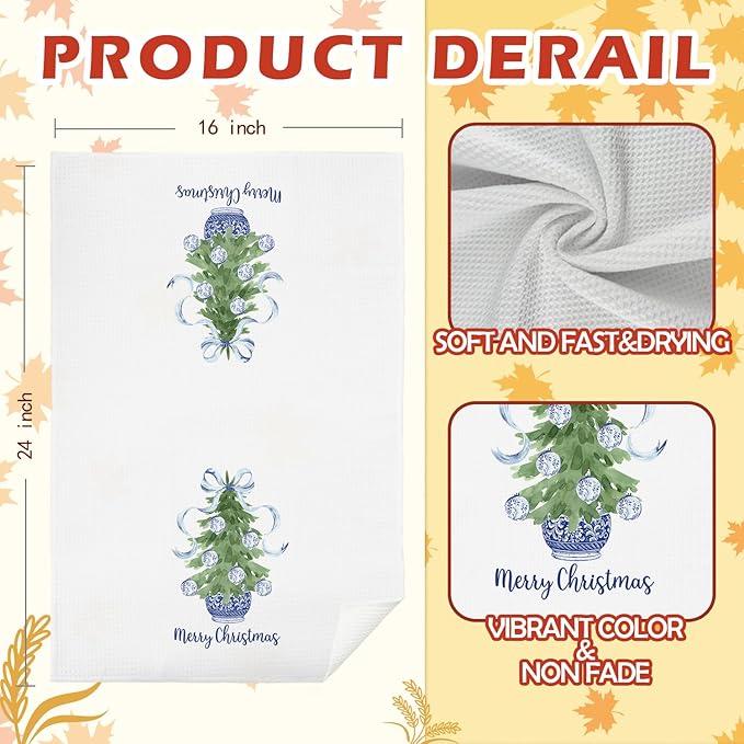 SPBL&L Navy Blue Chinoiserie Christmas Kitchen Towels, Chinoiserie Decor, Navy Blue Bow Christmas Hand Towels for Bathroom, Christmas Dish Towels, Christmas Kitchen Bathroom Decor, 16x24 Inch