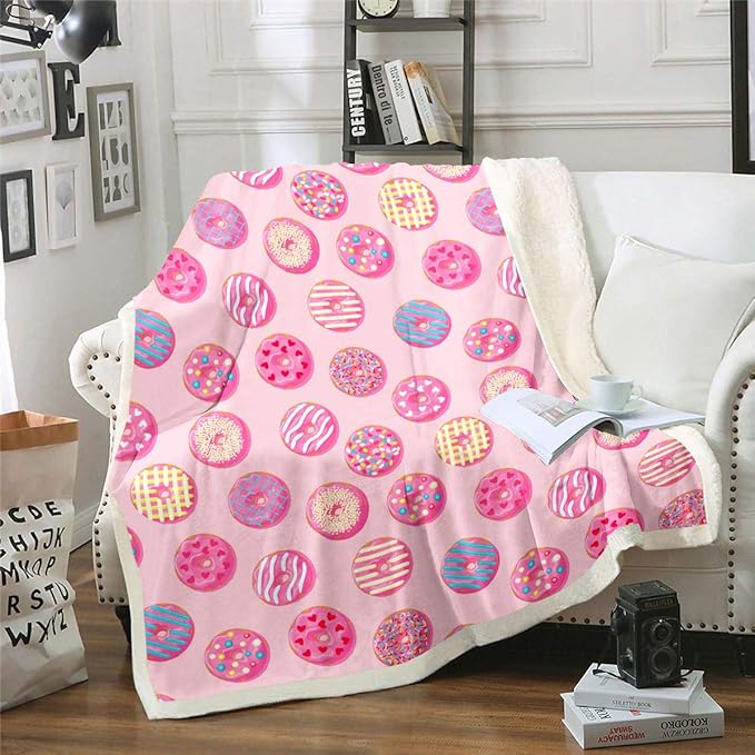 Chocolate Doughnut Plush Blanket Whimsical Dessert Print Fleece Throw Blanket for Couch Bed Sofa Decor Chic Bright Kawaii Pink Sherpa Blanket Fuzzy Blanket Baby 30"x40"